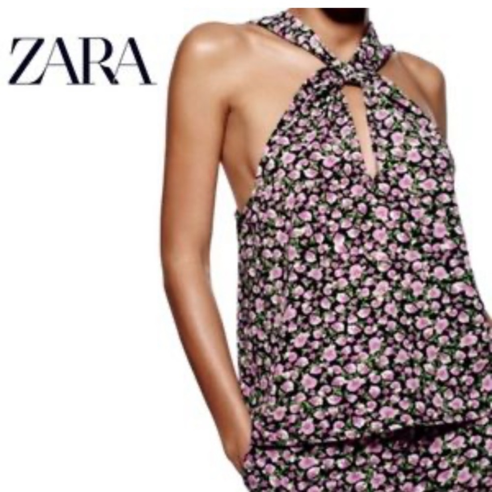 Zara twist neck halter top in purple,green,black & white floral design. XS💜💚🖤